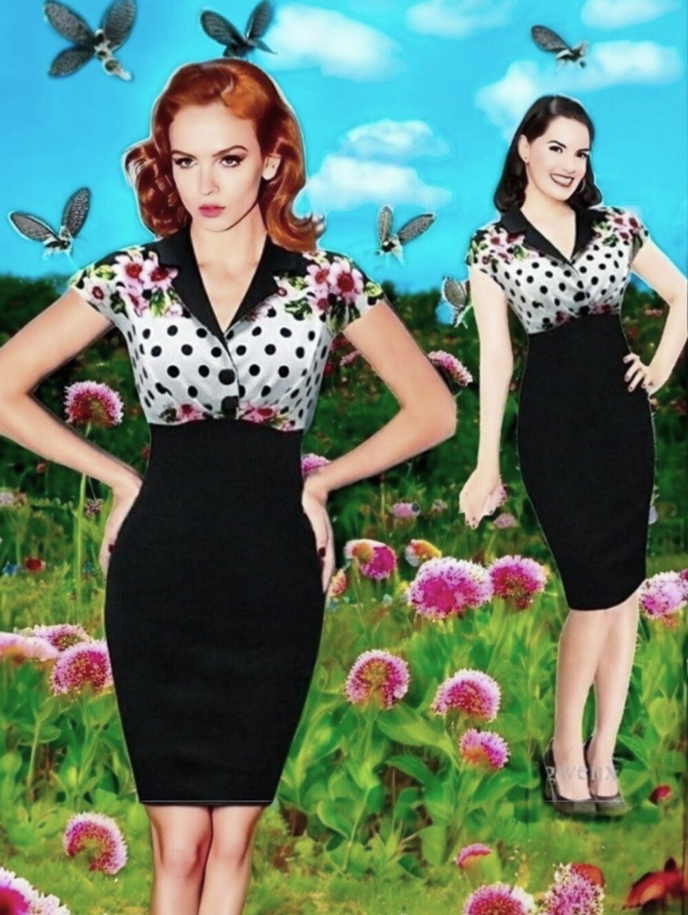 1950's Rockabilly Polka Dot Floral Wiggle Pencil Sheath Bodycon Dress. Sz. L